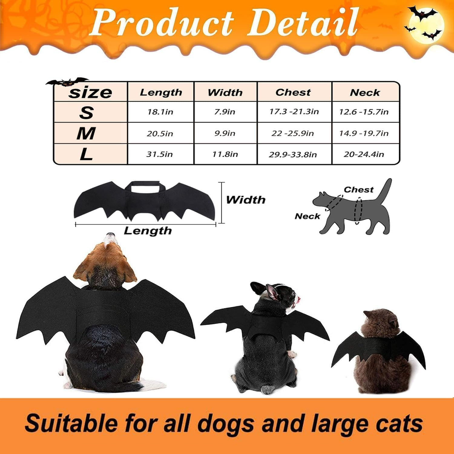 Bat Wings Cat, Halloween Cat Bat Costume Wings with Pumpkin Bell, Pet Bat Costume Cute Halloween Costume for Pets Cosplay Costume for Medium Dog Cat for Parties, M image number 4