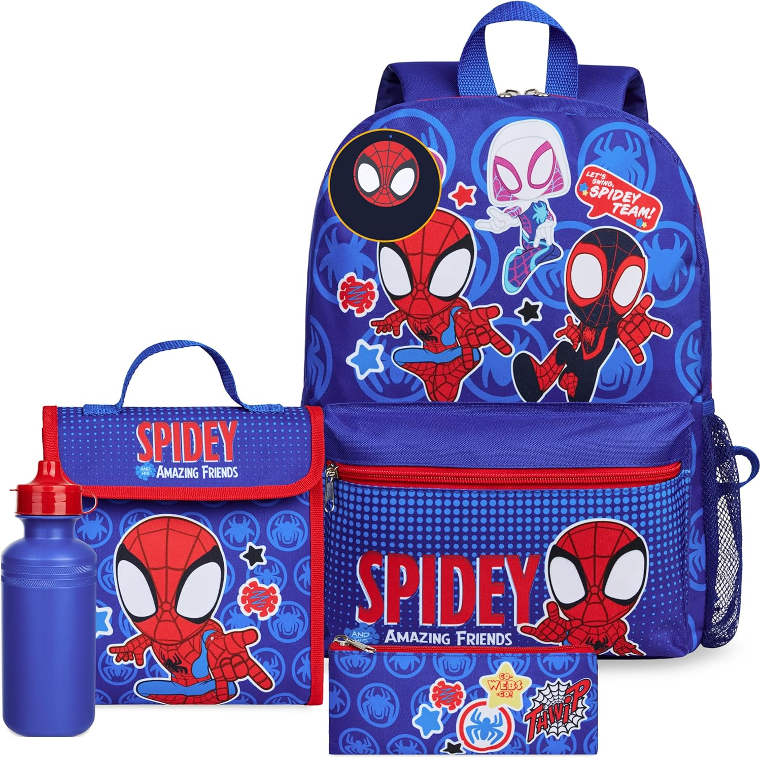 Marvel Spiderman Backpack Set 4 Pcs Water Bottle Pencil Case Lunch Bag or Wallet Keyring Travel School School Supplies, Blue, One Size, Spidey