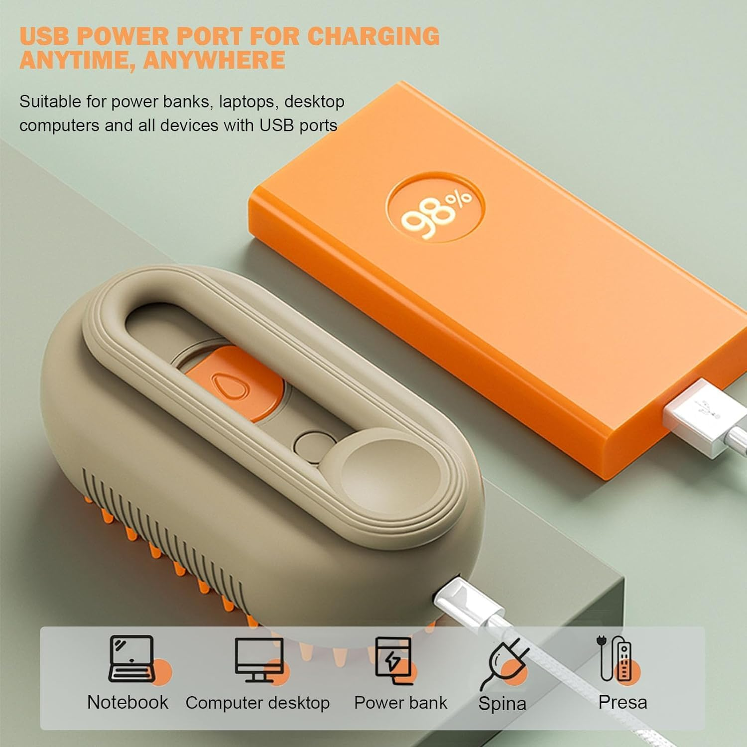 3 in 1 Steam Dog Cat Brush Spray Massage Comb for Cats, Long / Short Hair Dog Brush with USB Charger, with Water Tank, Cat Brush for Massage (Brown) image number 6