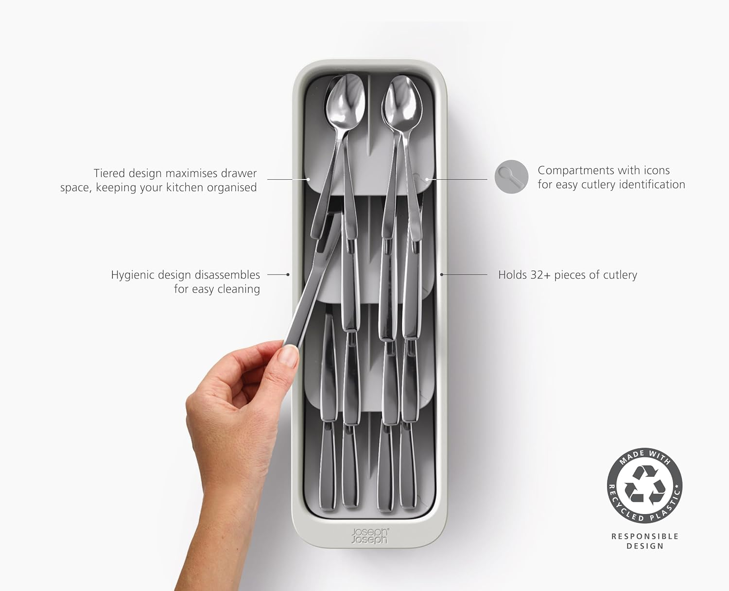 Joseph Joseph Drawerstore Compact Tiered Cutlery Kitchen Drawer Organiser, Dismantles for Easy Cleaning, Recycled Plastic image number 2