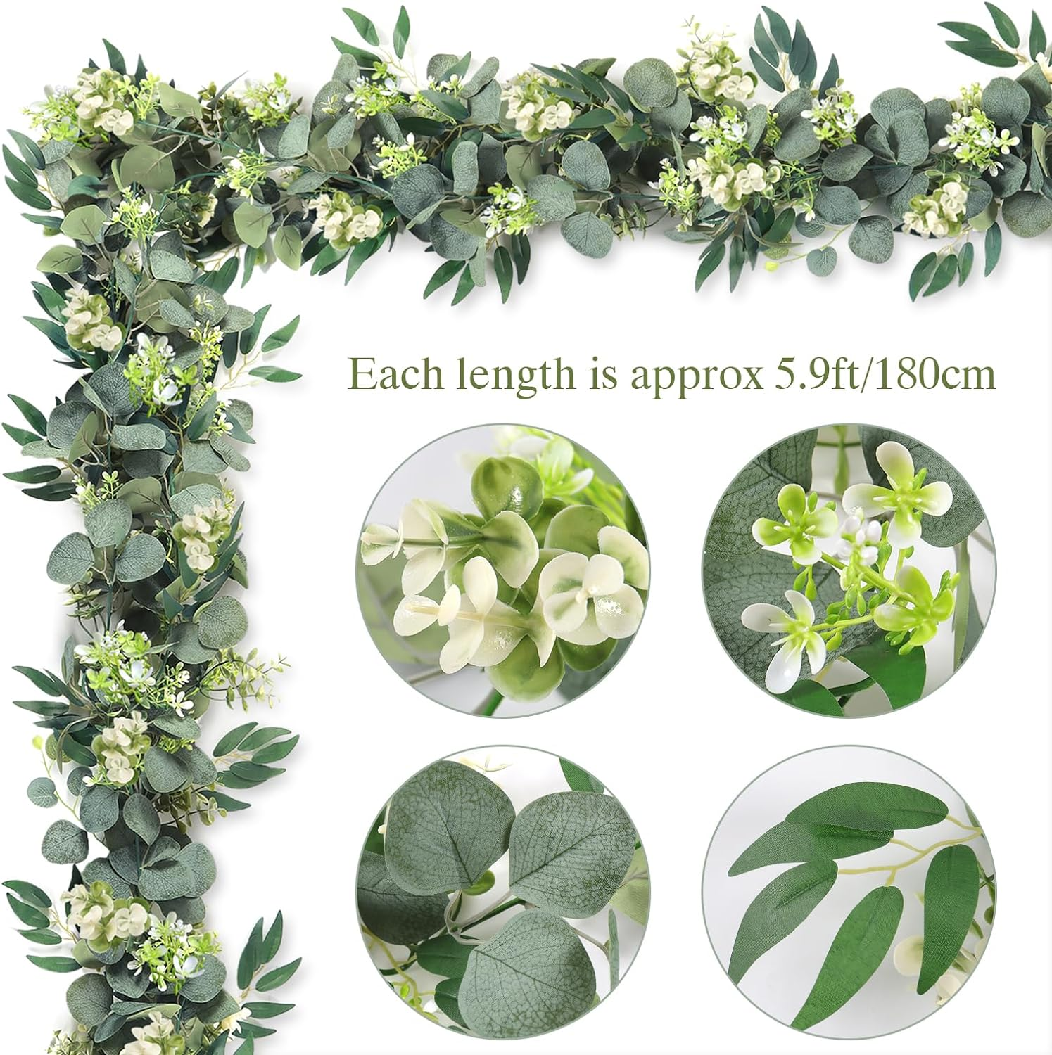 KHOYIME Eucalyptus Garland with Flowers 4 Packs 5.9Ft Willow Leaves Artificial Plant Fake Greenery Hanging Vines Faux Silk Ivy Wedding Arch Home Table Decor Backdrop Indoor Outdoor