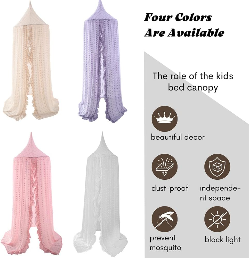 Kids Bed Canopy for Girls, Pink Crib Canopy Princess Hanging Children Canopy Tent, Toddler Girl Canopy Bed Netting for Baby Room Bedroom Reading Nook, Macrame Lace Boho Nursery Canopy with Pom Pom - Pink image number 2