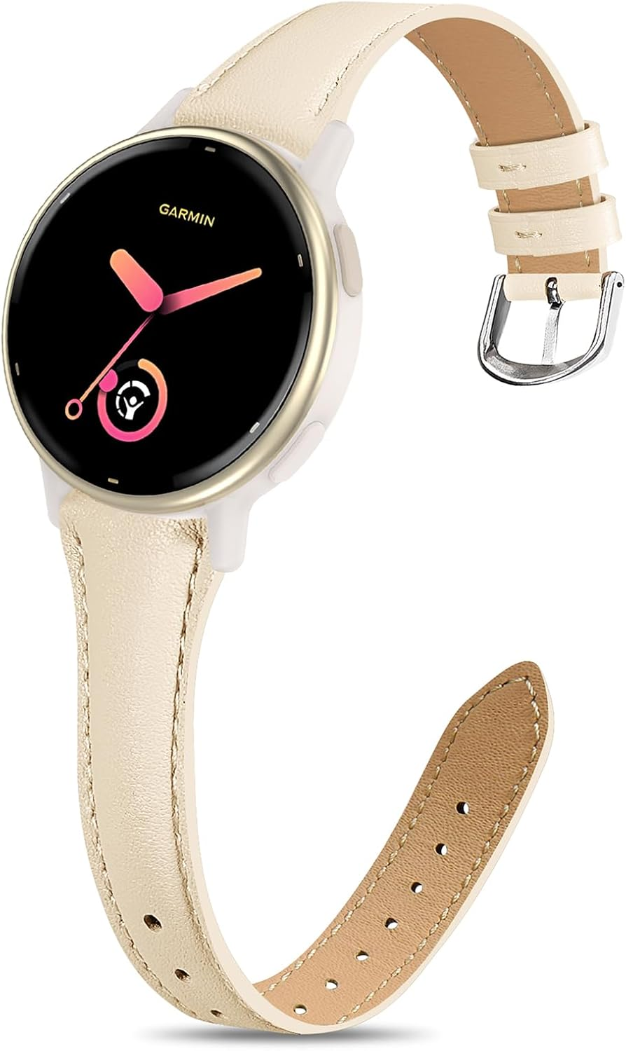 Slim Leather Band Compatible with Garmin Vivoactive 6/Vivoactive 5/3/3 Music, 20Mm Genuine Leather Thin Soft Narrow Replacement Strap for Venu Sq 2/Venu 2 Plus/Forerunner 165/55/245/645 Music