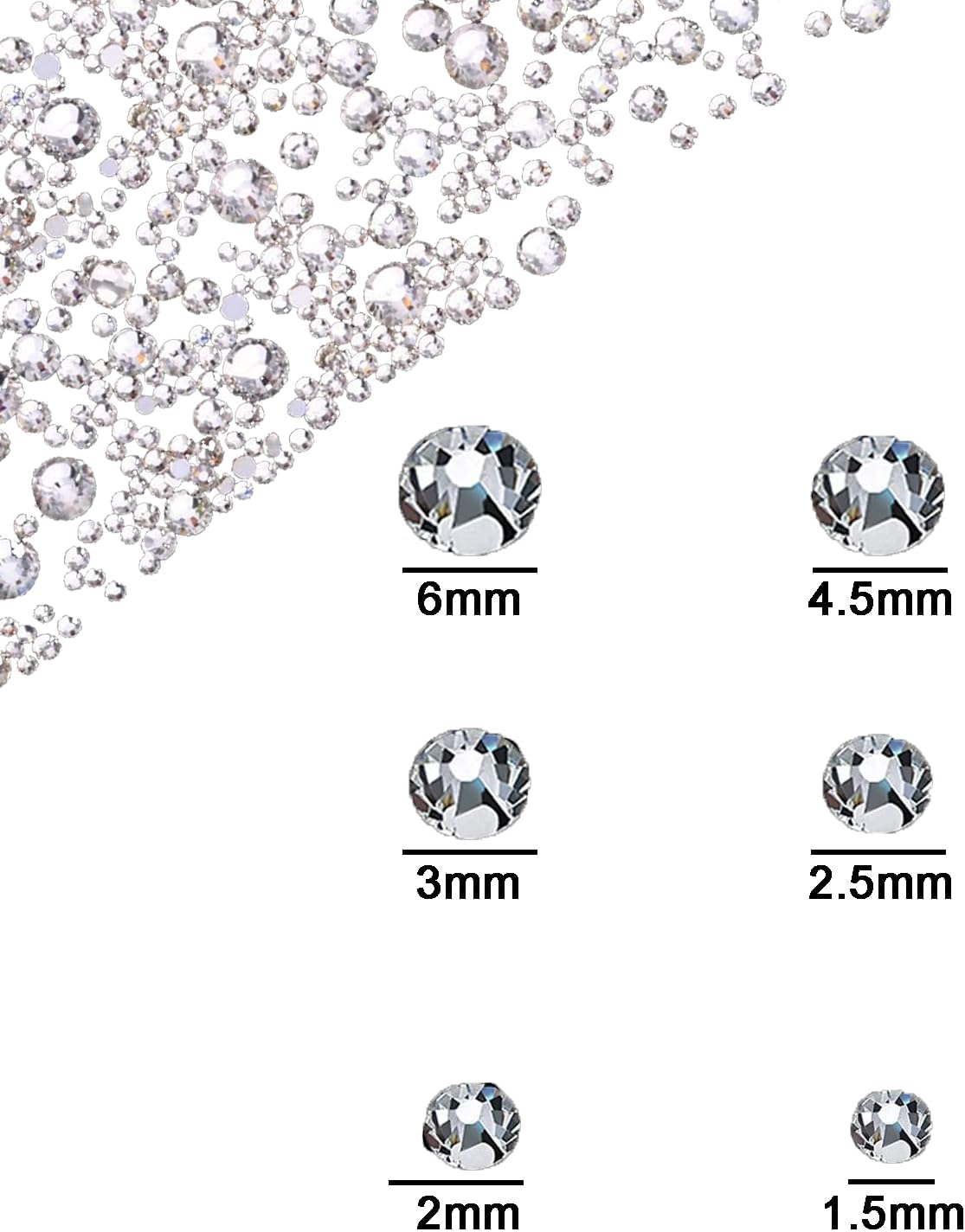 Hrenvaxil Rhinestones, Nail Gems - 2000 Pieces Flat Back round Crystal Bedazzling Kit with 6 Sizes (1.5-6 Mm), Tweezers and Picking Pen for Crafts, Nail, Face Art, Clothes, Shoes, Bags DIY (White) image number 6