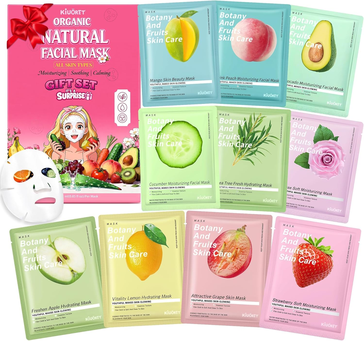 10 Pack Fruit Face Mask Set - Korean Face Mask Skincare for Women - Hydrating, Nourishing & Smoothing Skin, Improve Skin Tone - Natural Fruit & Plant Facial Masks Spa for All Skin Types