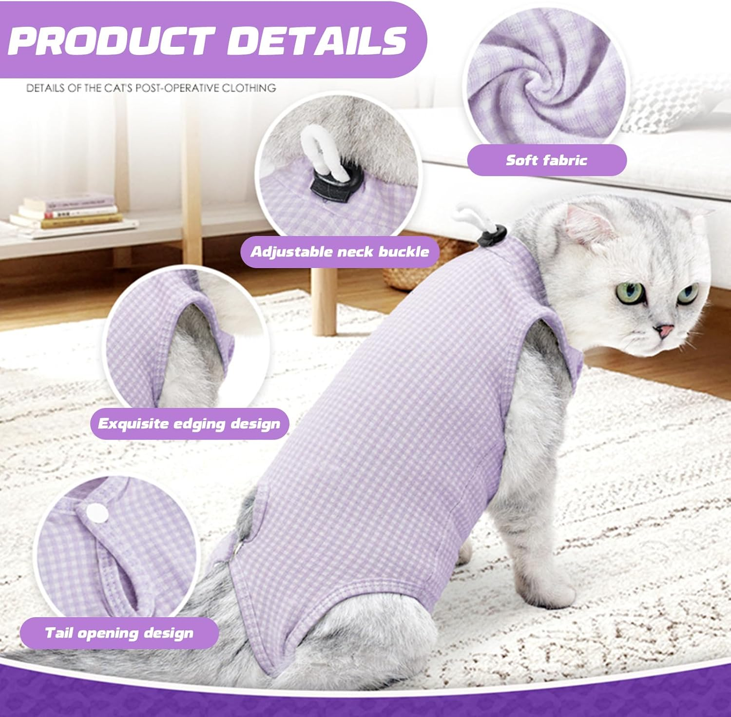 Larfraecy Cat Surgery Recovery Suit,Soft,Breathable,Elastic Fabric,Cat Vest Bodysuit after Surgery,Cat Onesies,Cat Recovery Shirt for Female Male Cat for Abdominal Wounds Prevent Licking (Purple, M)