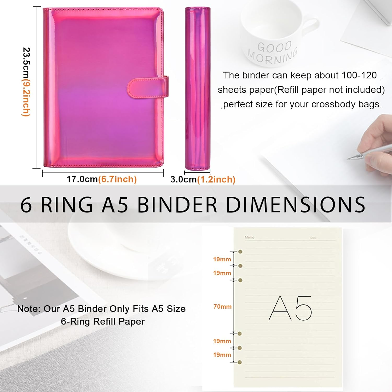 Toplive A5 Binder 6 round Ring Binder Leather Budget Planner Notebook Cover for A5 Filler Paper Laser Pink with Magnetic Buckle Closure image number 3