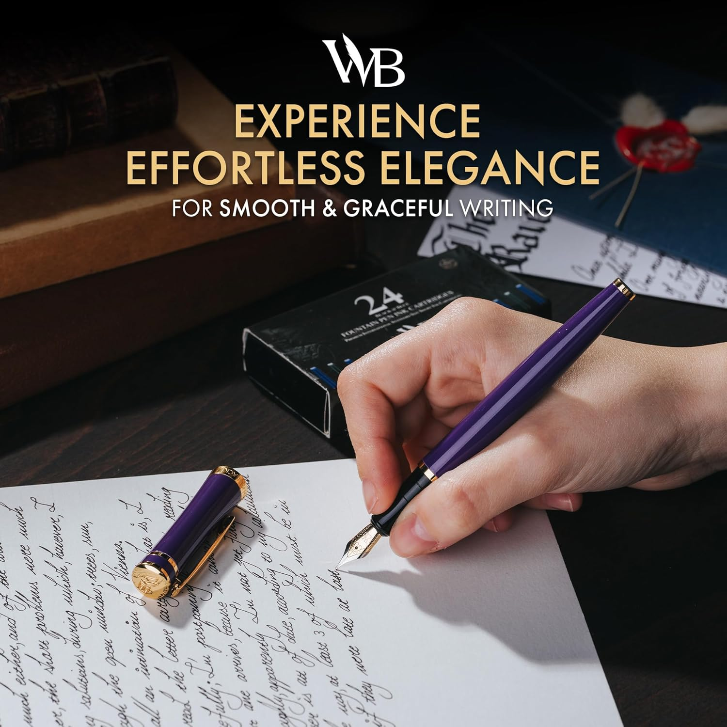 Wordsworth & Black Fountain Pen Set, 18K Gilded Medium Nib, Includes 24 Pack Ink Cartridges, Ink Refill Converter & Gift Box, Gold Finish, Calligraphy, [Velvet Purple], Perfect for Men & Women image number 4