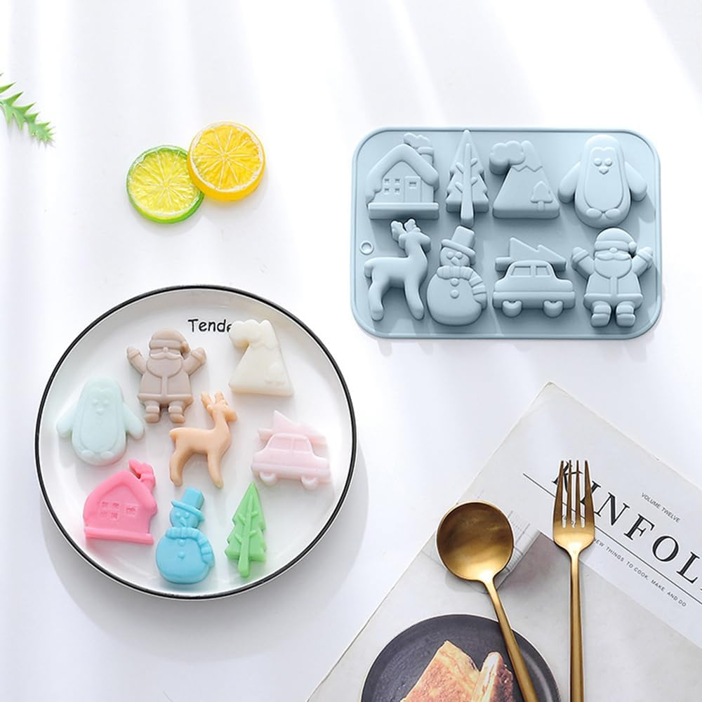Christmas Silicone Chocolate Mold, 2 PCS Candy Baking Mold, 3D Snowflake Snowman Christmas Tree Elk Santa Claus Gift Box Shape Mold DIY Handmade Soap Candle Jelly Fudge image number 1