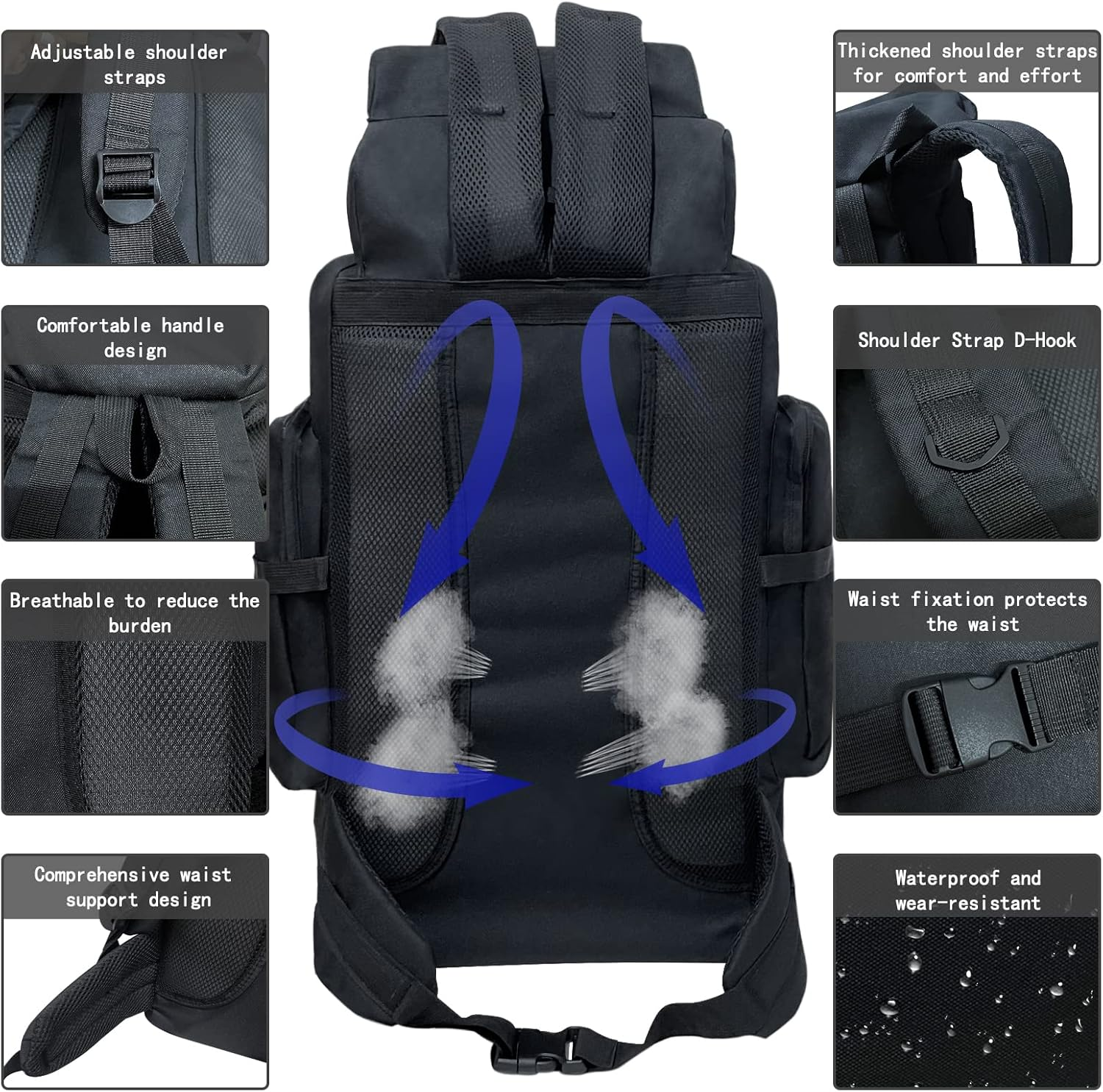 80L Hiking Backpack Camping Rucksack, 80 Liters Large Capacity Outdoor Knapsack Travel Climbing Mountaineering Carry on Backpack Bag, Trekking Backpacking for Men Women, Black image number 5