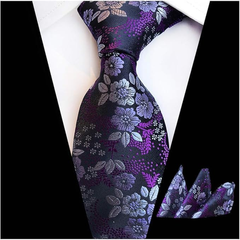 Mens Cravat Set Luxury Floral Pattern Wedding Necktie with Pocket Square Set