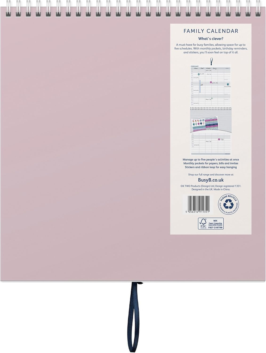 Busy B Family Wall Calendar 2025 &ndash; Birds Design with 5 Columns & Storage Pockets - Monthly 2025 Calendar for Busy Families with Colour-Coded Stickers - 25.5 X 23.5Cm