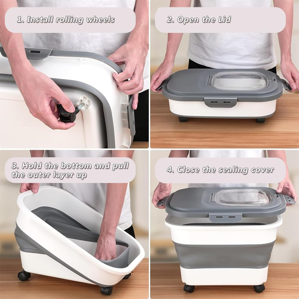 Dog Food Storage Container 15Kg, Airtight Pet Food Storage Containers with Wheels & Removable Sealed Lid, Collapsible Cat Food Containers image number 5