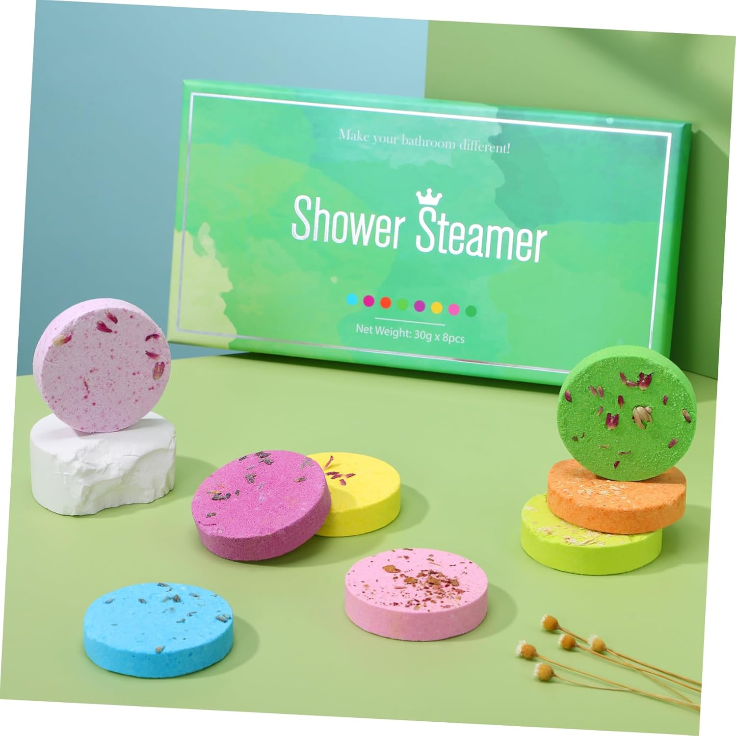 Angoily 8Pcs Aromatherapy Shower Steamers Dried Flower Bath Salt Tablets Natural Ingredients Skin Nourishing Vanilla Scent Creative round Bath Tablet Women Spa Tool image number 1