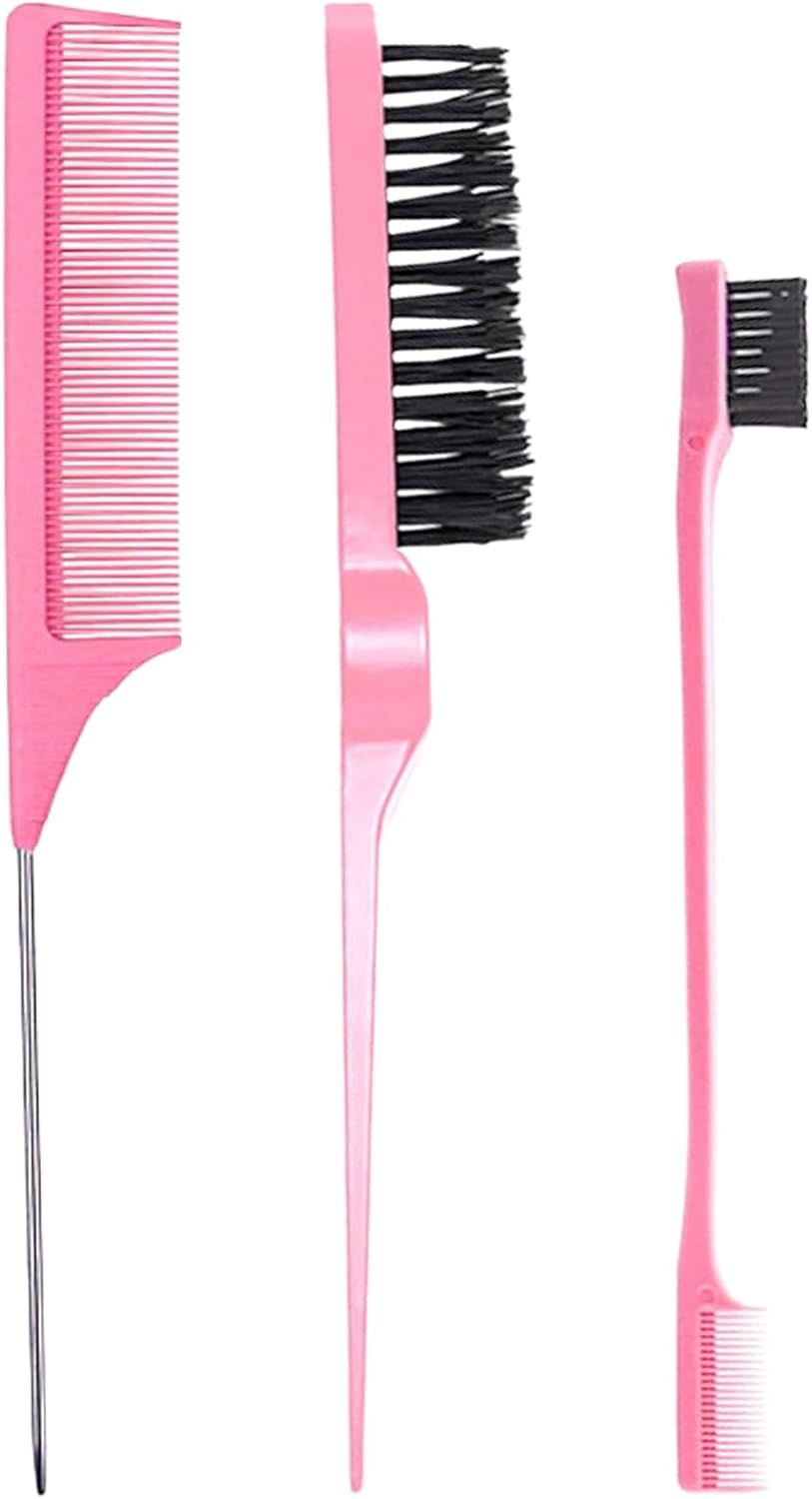 3 Pcs Slick Back Hair Brush Set, Curly Hair with Edge Brush, Bristle Hairs Brush, Rat Tail Comb for Edge and Back Brushing, Combing Slicking Hairs for Women(Color:Pink) image number 6