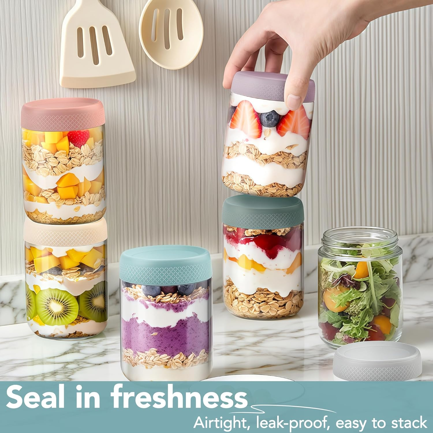 6-Pack Overnight Oats Containers with Lids, 473Ml/16Oz Clear Glass Jars with Airtight Lids, Wide Mouth Mason Jars, Food Storage Containers for Meal Prep Chia Spice Cereal Snacks Yogurt Salad Sugar image number 1