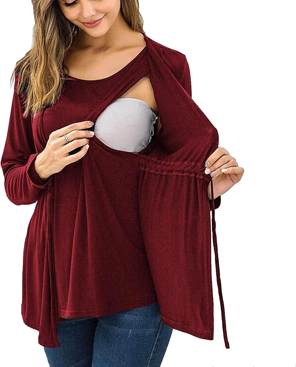 Fashionable Faux Two-Piece Maternity T-Shirt, Long-Sleeve Nursing Top, Fall/Winter Style. image number 4