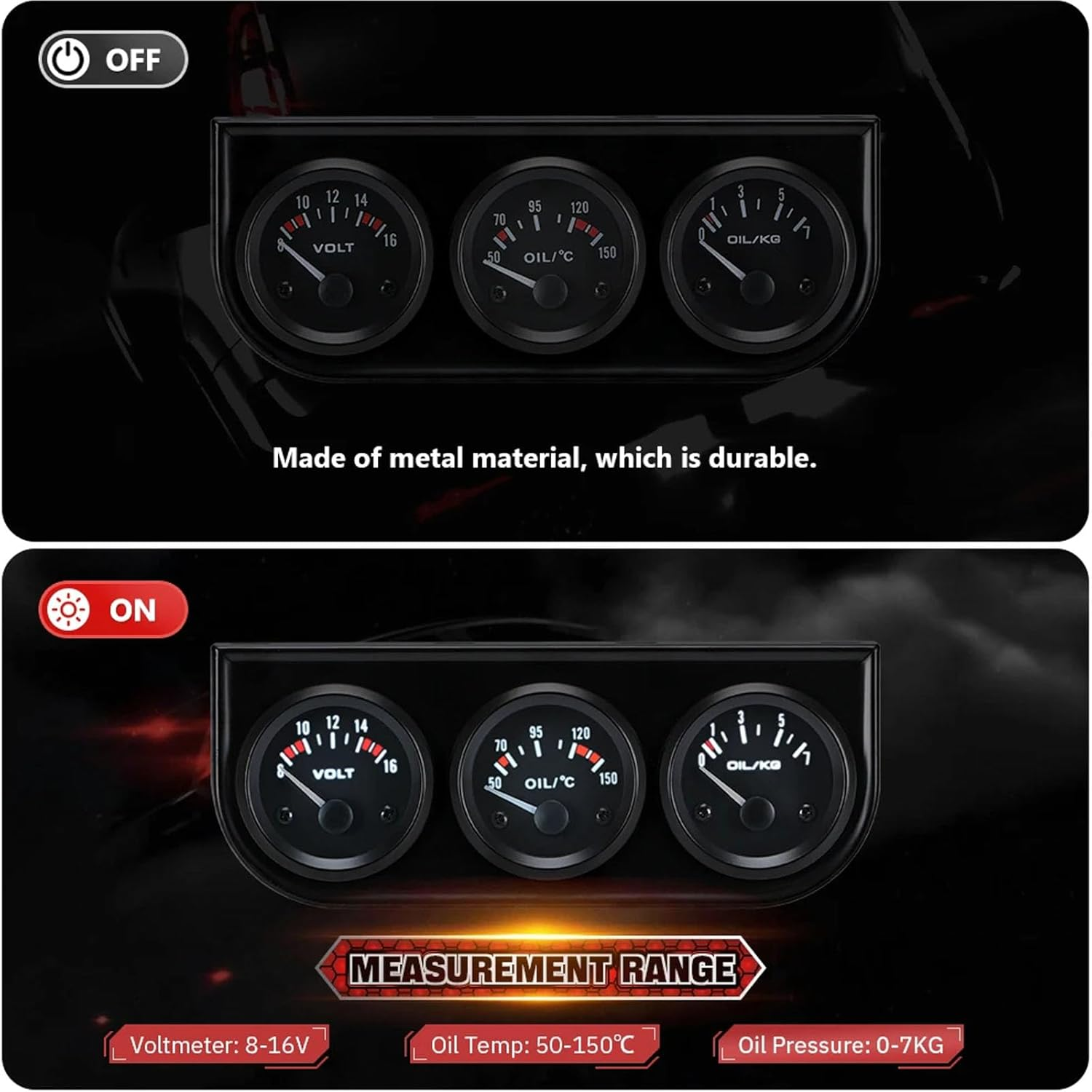 BYYOUIV 52Mm 3-In-1 Car Gauge Kit - Voltage Meter, Water Temperature, and Oil Pressure Gauges - Auto Dashboard Triple Gauge Set for 12V Cars image number 1