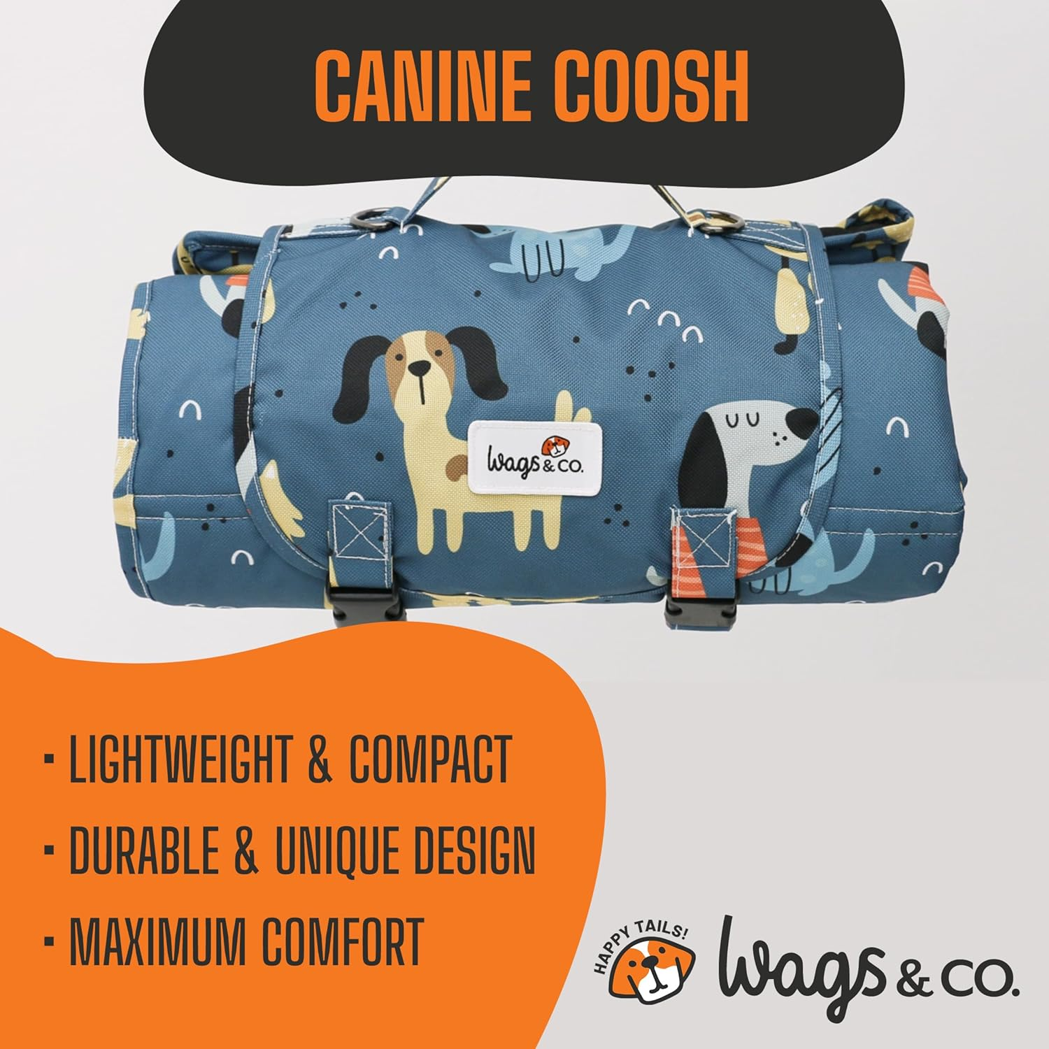 Canine COOSH - Outdoor Folding Dog Travel Mat - 70 X 100Cm. Durable, Easy-To-Clean, Portable Dog Bed for Beach, Bush, Camping, Travel, with Clip-On Carry Strap. (Puppies in the Park) image number 2