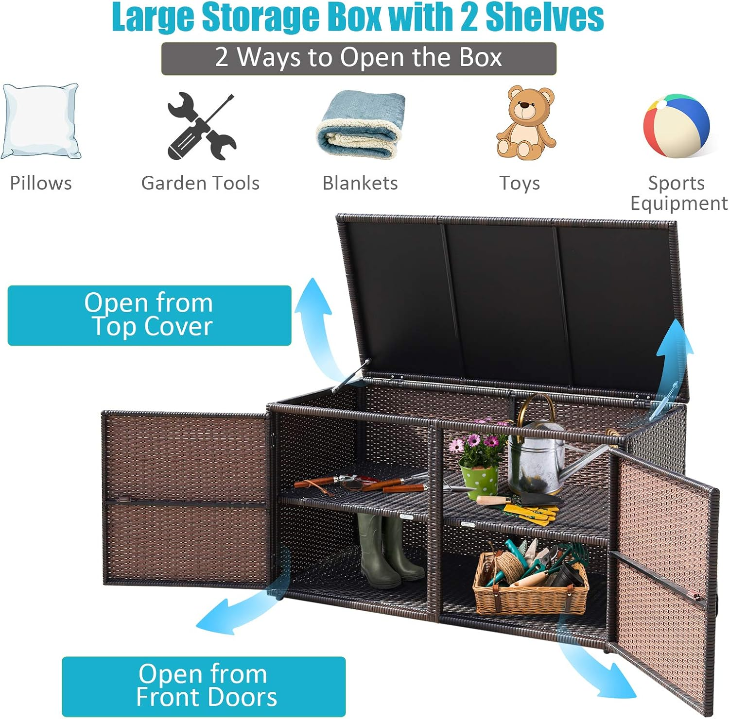 Costway Indoor Outdoor Storage Box, 330L Garden Deck Box with 2 Storage Shelves, Cover and Doors, Weather-Resistant Storage Cabinet with Steel Frame for Gardening Tools, Accessories and Toys (Brown)