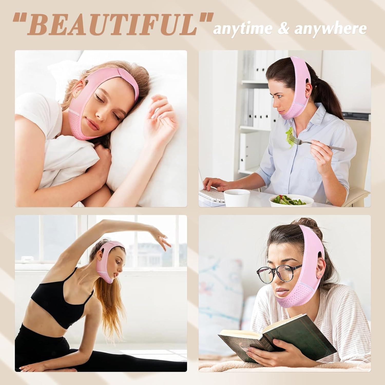 Reusable V Line Lifting Mask with Chin Strap, V Shaped Face Mask for Sagging, Jaw Exerciser (Pink) image number 2