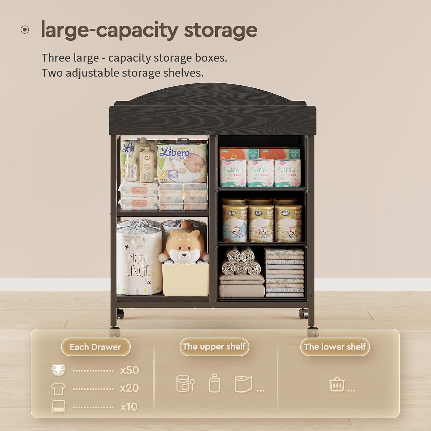 Changing Table Dresser, Baby Dresser with 3 Drawers and 2 Shelves, Multi-Functional Baby Changing Table with Pad, Classic Nursery Dresser, Diaper Changing Station for Children'S Room, Black - Lhm2 image number 2