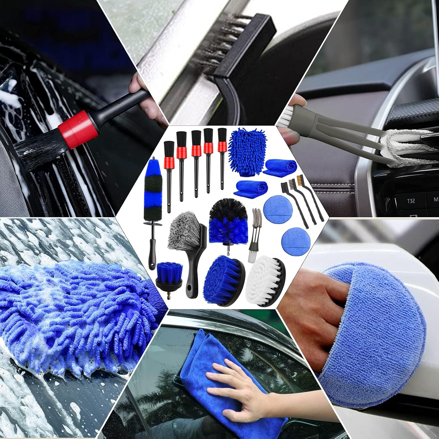 Jaronx 20Pcs Wheel Tire Cleaning Brush Set, Car Detailing Kit with Wheels Rim Brushes, Drill Detailing Brushes, Wash Mitt, Wax Pads, and Towels image number 5