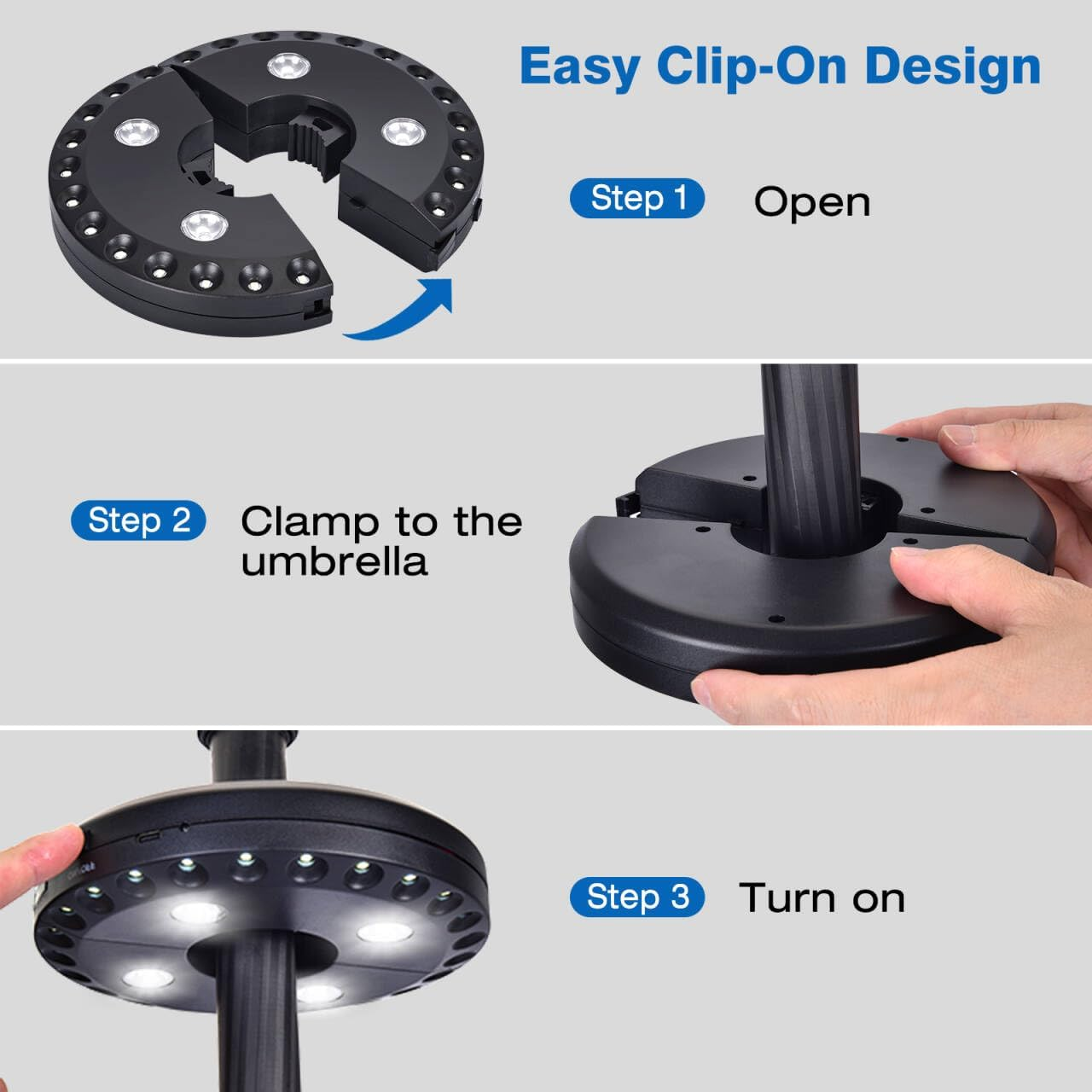 Patio Umbrella Light LATME Cordless 28 LED Night Lights 3 Lighting Mode at 220 Lux Battery Operated Umbrella Pole Light for Patio Umbrellas, Outdoor Use, or Camping Tents (Black)