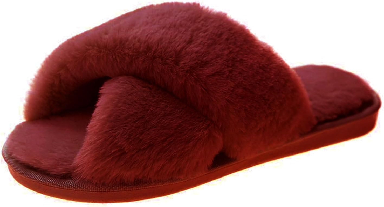 Fuzzy Slippers for Women, Cross Band Slippers, Womens Warm Comfy Open Toe Slippers with Rubber image number 2