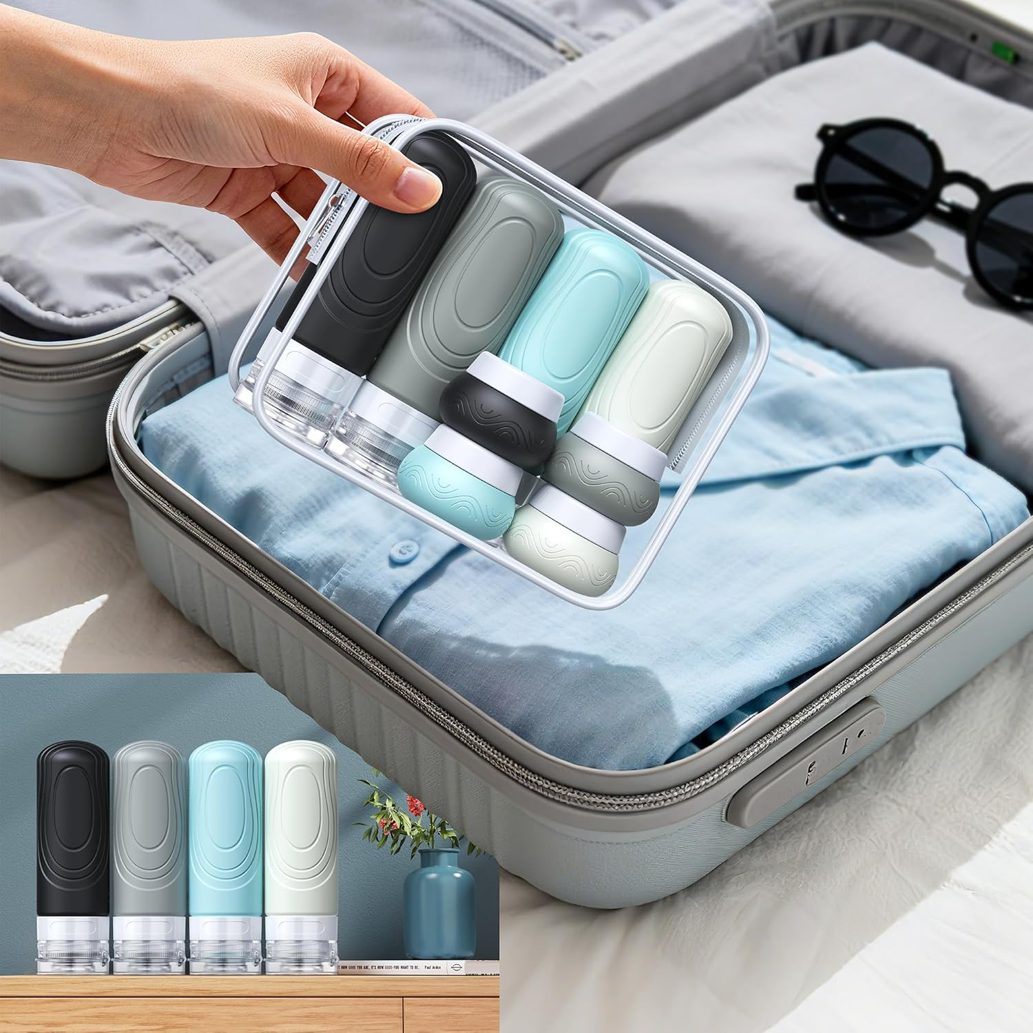 Aeomni Silicone Travel Bottles Set, TSA Approved 3-1-1 &mdash; 4&times; 89 Ml (3 Oz) Squeeze Bottles + 4&times; 30 Ml (1 Oz) Jars, Food-Grade, Leak-Proof, Refillable, with Clear TSA Bag &mdash;Grey Gradient image number 1