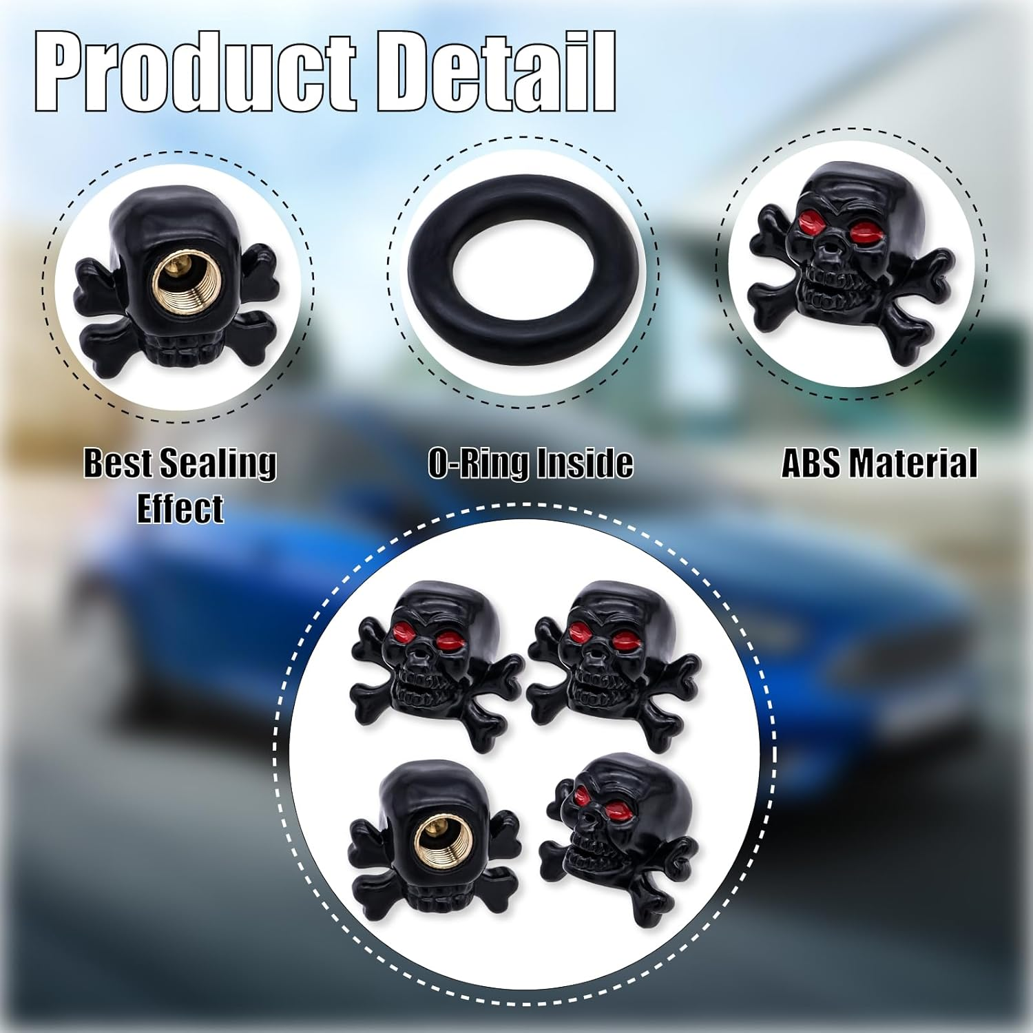 MEAJOO 4PCS Skull Style Tire Valve Stem Caps, Dustproof Wheel Valve Covers Accessories, with Rubber O-Ring, Universal for Cars, Suvs, Bike, Bicycles,Trucks and Motorcycles (Black) image number 6