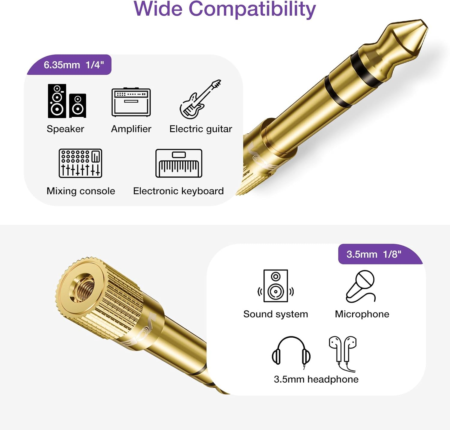 VCE 6.35Mm (1/4 Inch) Male to 3.5Mm (1/8 Inch) Female Stereo Audio Jack Adapter for Aux Cable, Guitar Amplifier, Headphone, 2 Pack image number 5