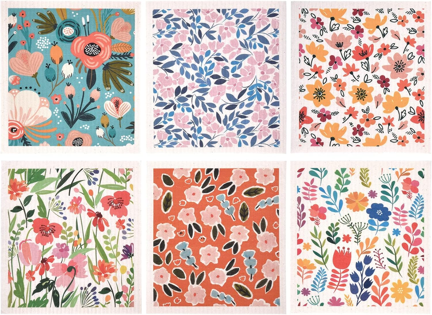 Three Oaks Set of 6 Kitchen Scandi Flower Floral Meadow Daisy Peony Swedish Dishcloths Cleaning Cloths Towels Absorbent Quick Drying Dish for Counter Wipes