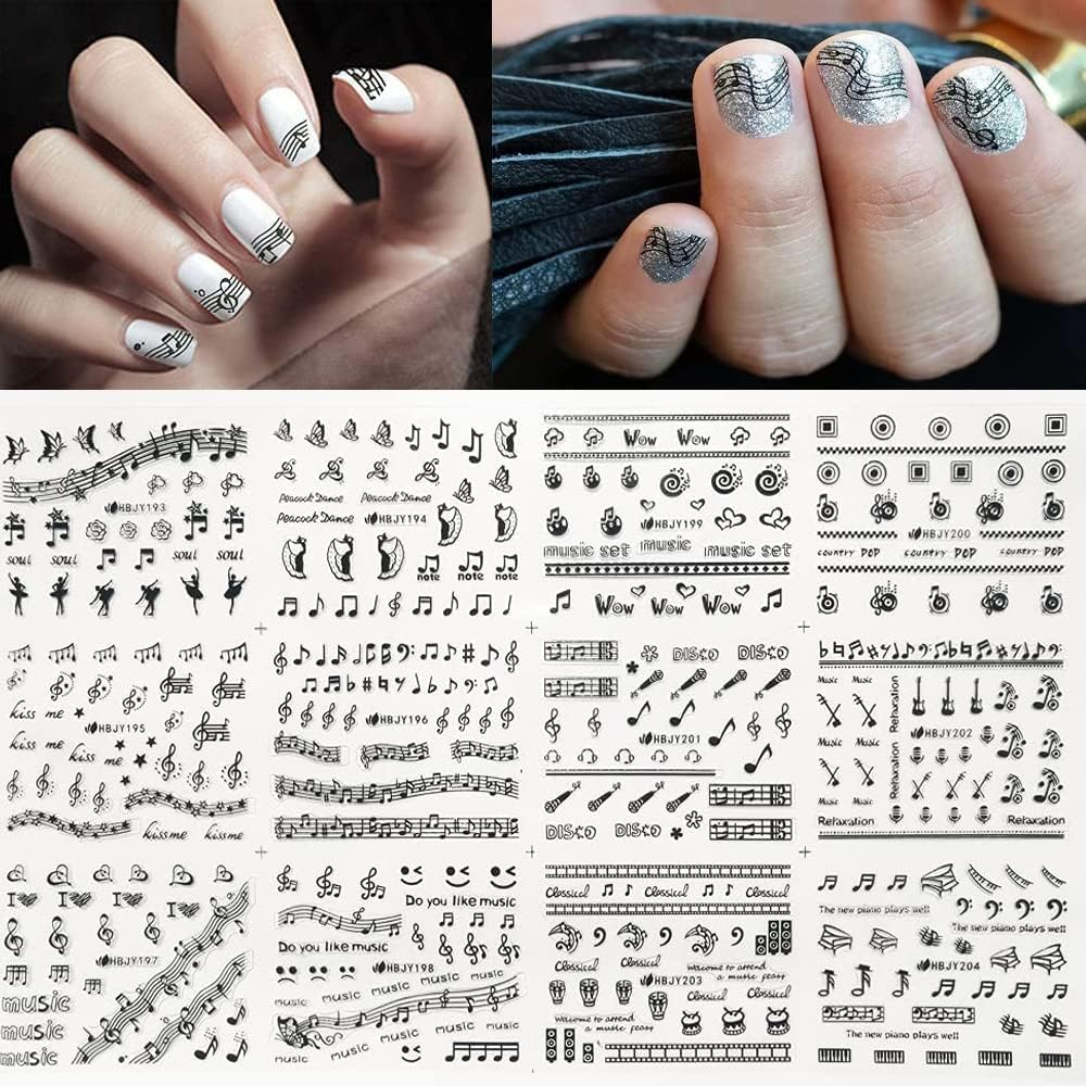 Musical Instrument Series Nail Art Stickers, Musical Notes Nail Decals 3D Self-Adhesive Guitar Erhu Piano Keys Microphone Musical Notes Nail Design Manicure Tips Nail Decoration for Women Girls Kids(12 Sheets) image number 1