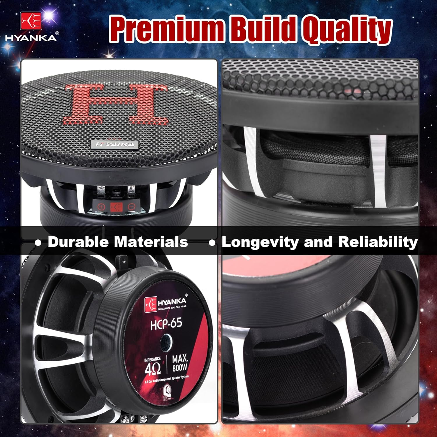 H YANKA HCP-65 6.5 Component Car Speakers, 800 Watt Car Audio Stereo Door Speakers Perfect for Upgrading Any Car Stereo System Includes 2 X Midrange Woofers, Tweeters, and Crossovers (Set) image number 4