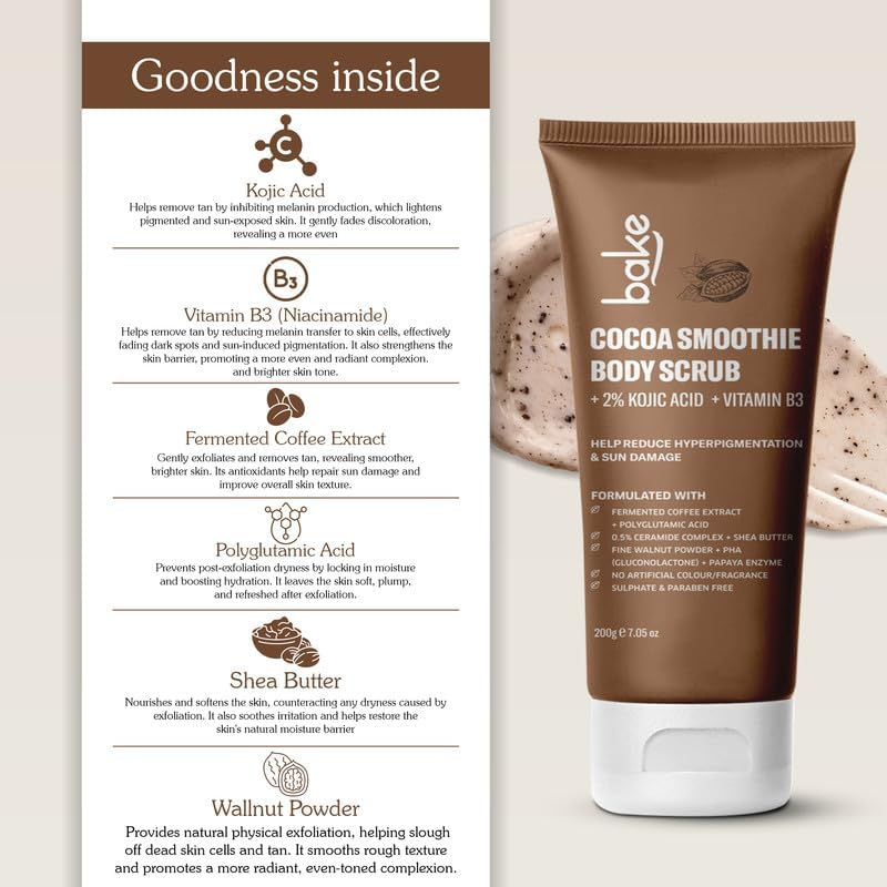 BAKE 2% Kojic Acid Coffee Smoothie Scrub Treatment (200G) with Niacinamide, Polyglutamic Acid & Ceramide Complex | for Pigmentation, Dark Spots & Tan Removal | Exfoliates & Brightens Underarms | For