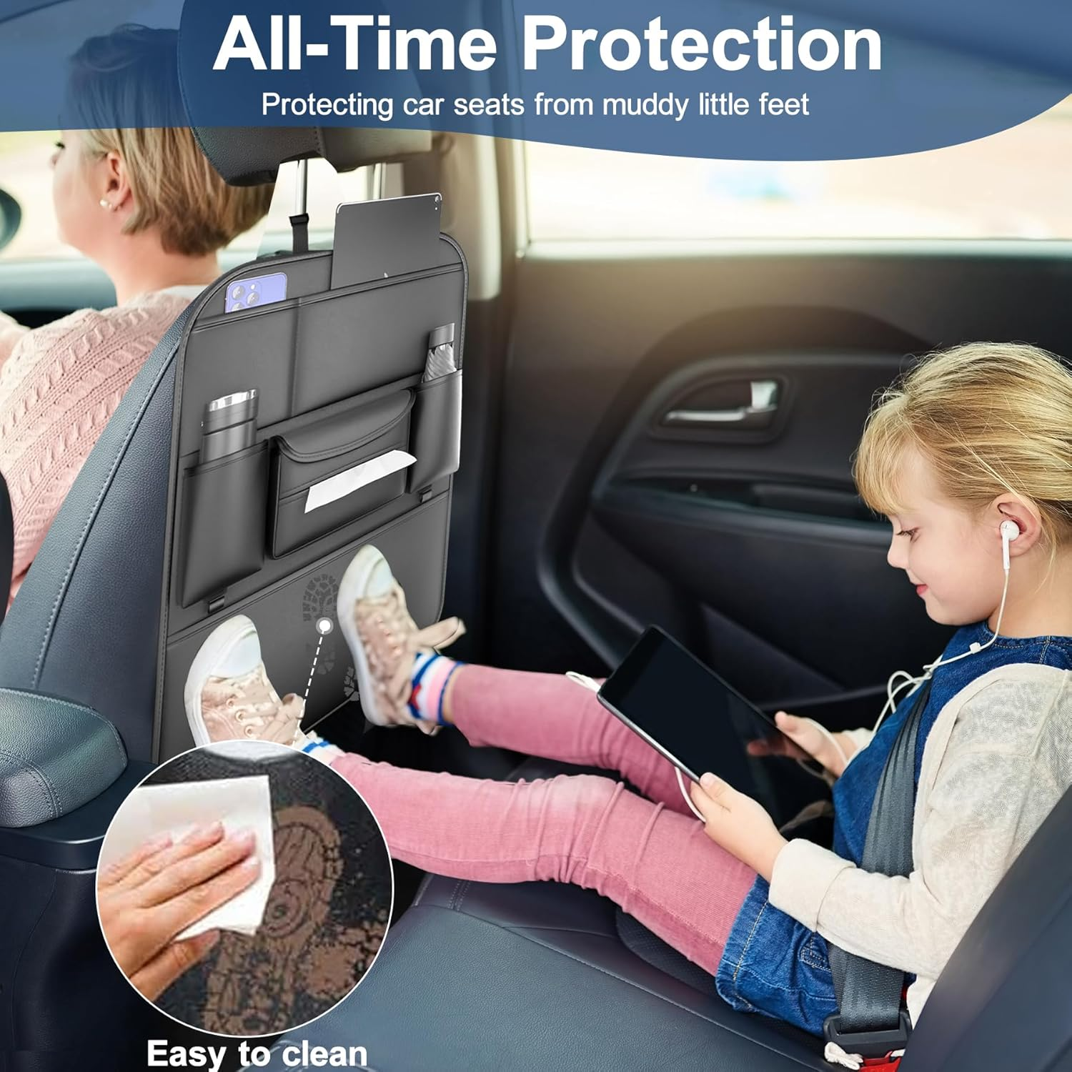 Car Seat Protector for Child Kids, Auto Seatback Kick Mat & Backseat Organiser, Universal Waterproof Anti-Fouling Nappa Leather Upholstery Protection Accessories for SUV, Sedan, Truck (Black) image number 4