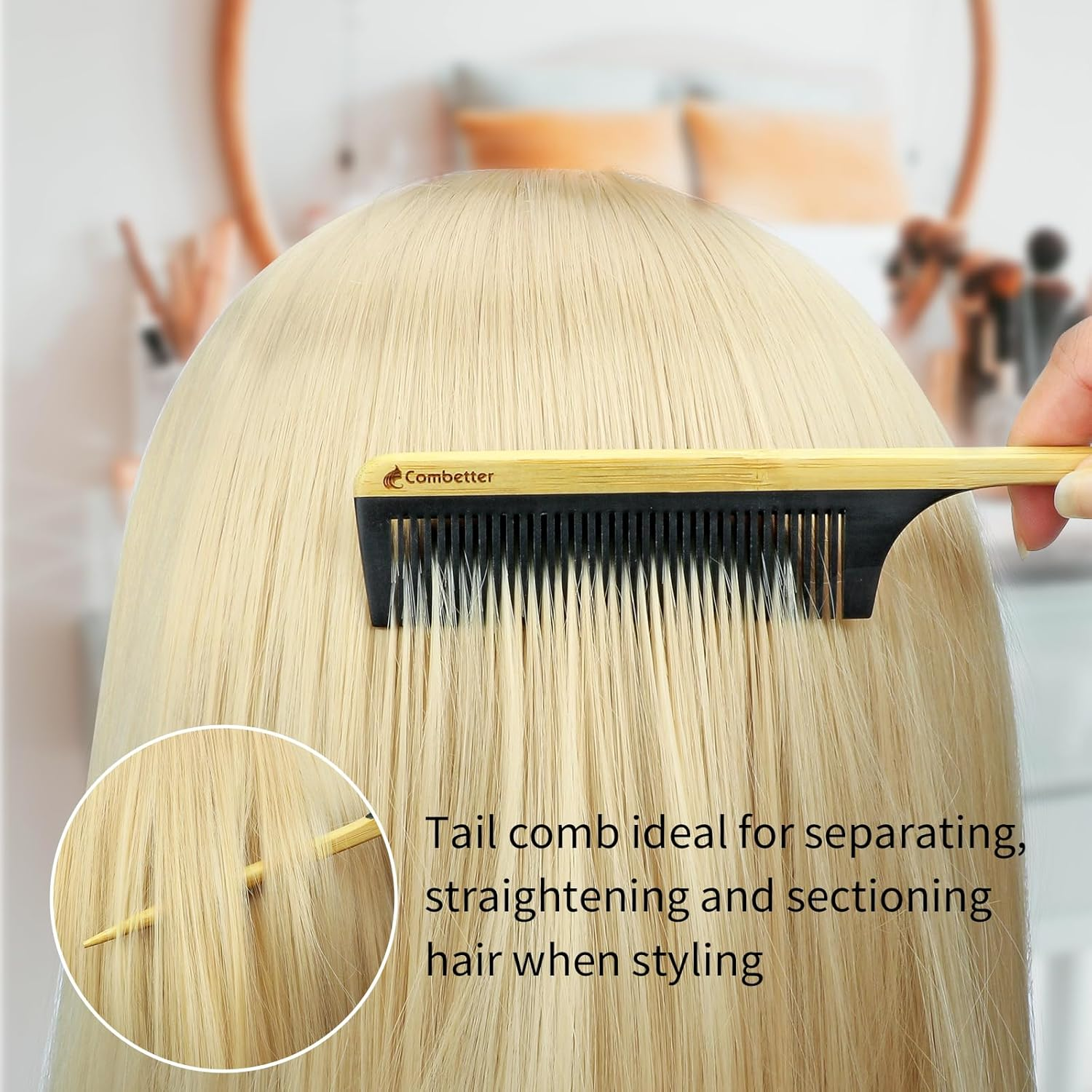 Rat Tail Comb for Hair Styling and Sectioning, Fine Tooth Teasing Comb Parting for Braiding Hair, Eco-Friendly Bamboo and Durable Bakelite Infused Anti-Static Anti-Frizz Hair for Women by Combetter image number 4