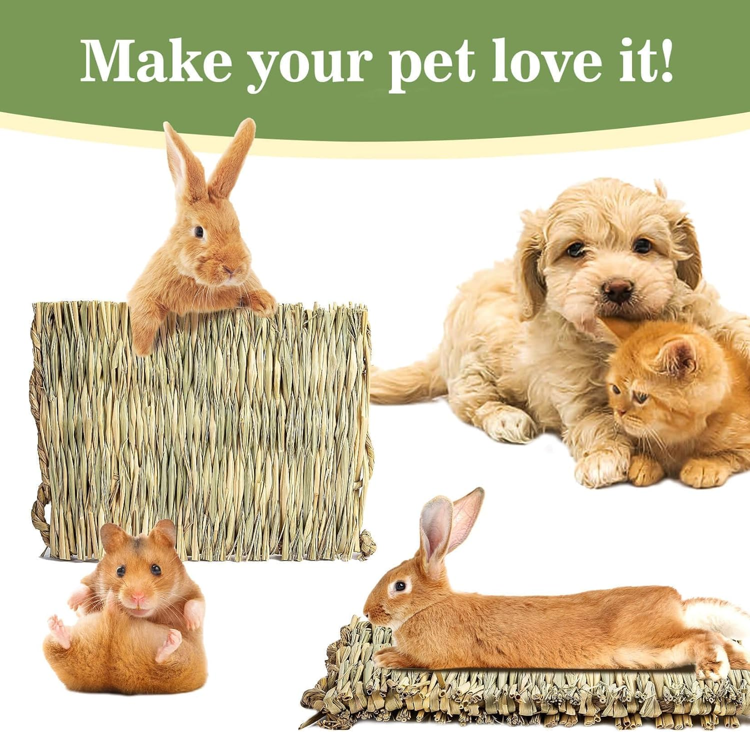 2 PCS Rabbit Grass Mats - Natural Hay Woven Bunny Rabbit Bad Cage Mats Pet Bedding Cooling Sleeping Nesting & Toys for Hamster Bunny Chinchilla Guinea Pig Mouse Bird and Other Small Animal image number 2