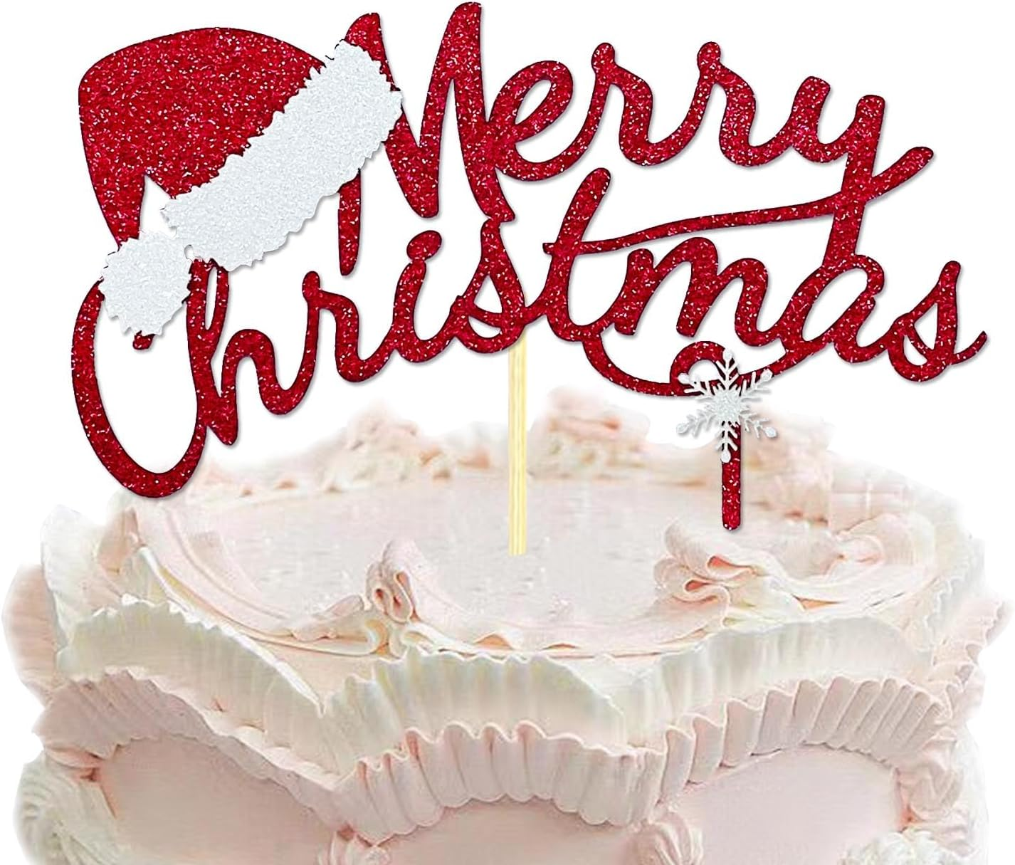 Merry Christmas Cake Topper Red Glitter Christmas Hat Topper Xmas Holiday Cake Picks for Christmas Party Birthday Wedding Decorations image number 4