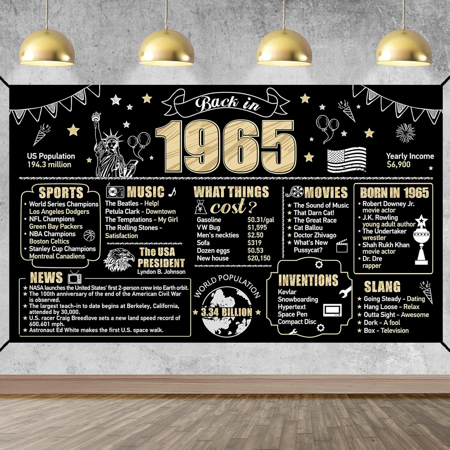 60Th Birthday Decorations Back in 1965 Banner Backdrop for Men Women, Happy 60 Birthday Sign Poster Party Supplies, Black Gold Sixty Bday Photo Background Party Decor for Outdoor Indoor image number 5