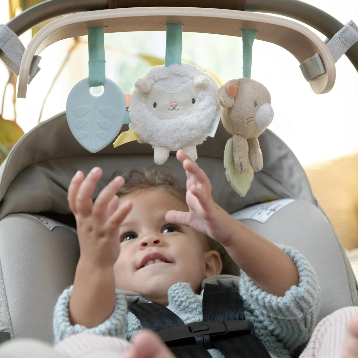 Ingenuity Soothing Essentials Wood Carrier Toy Bar, Montesorri-Inspired, 3 Removable Toys, for Ages 0-12 Months image number 2