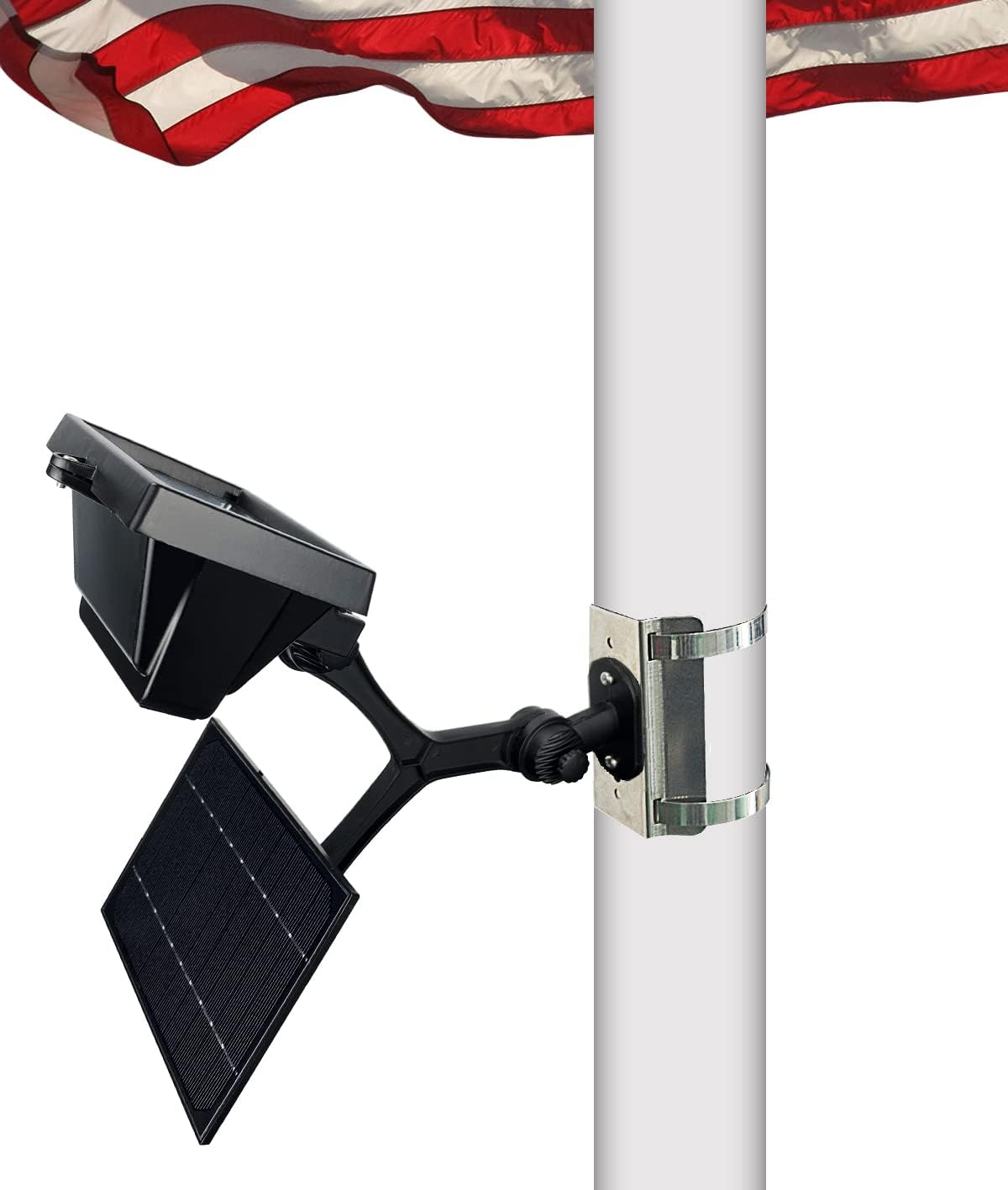 Flag Pole Light Solar Powered 12 Ultra Bright LED 6000K White Adjustable Metal Clamp Fits 2-6" Diameter Flagpoles Outdoor Dusk to Dawn 100% Coverage Lights Black image number 2