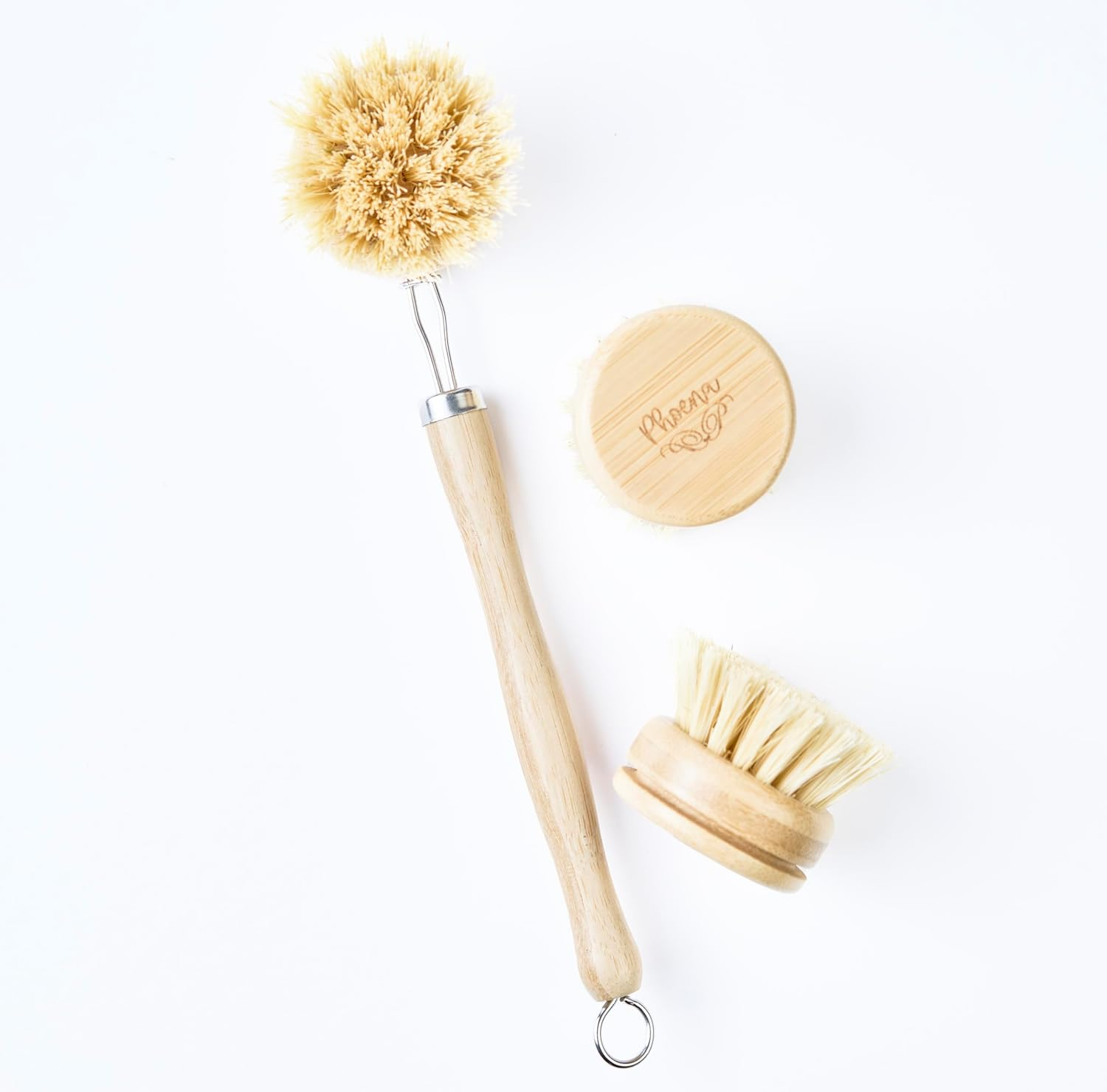 PHOENA Dishwashing Brush Dish Brush Bamboo Wood Dish Brushes with Handle, Premium Quality, Replaceable Brush Heads, Cleans Dishes, Eco-Friendly image number 2