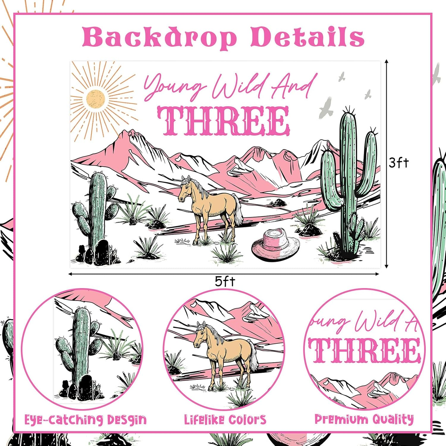 Wonmelody Western Cowgirl 3Rd Birthday Decorations Young Wild and Three Backdrop Banner 4.92 * 3.28Ft Western Theme Birthday Decorations Wild Rodeo Birthday Photo Background Wild West Birthday Girl