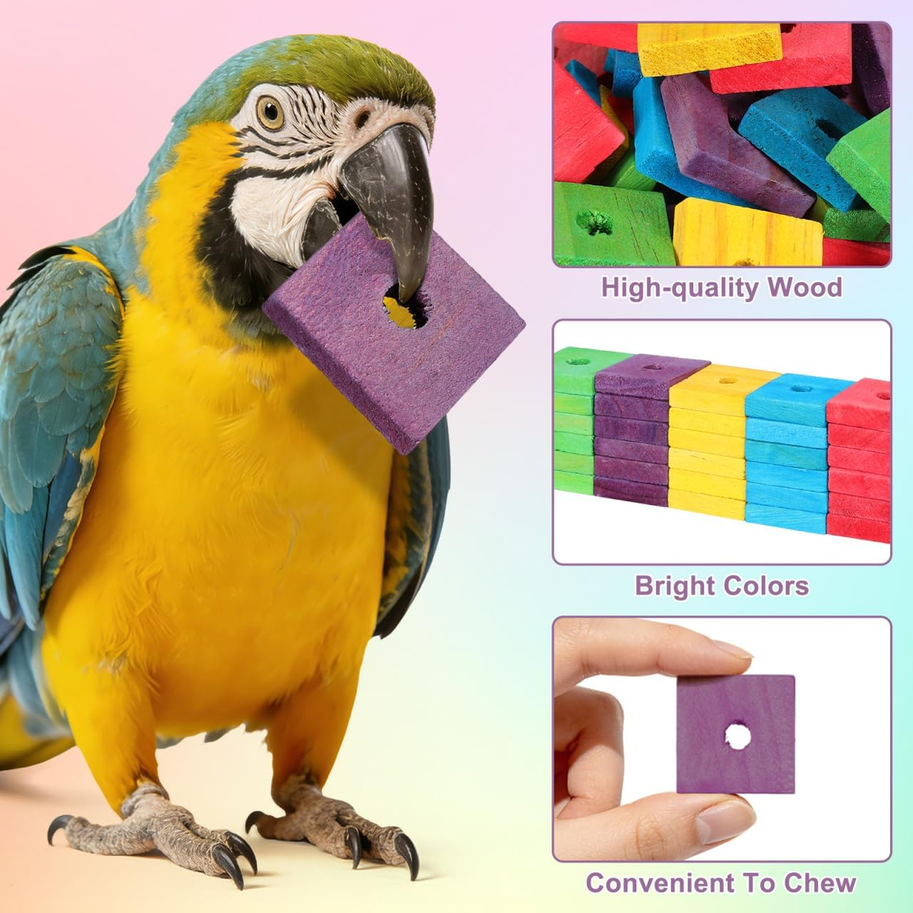 NOLITOY Bird Toys: 100 Pcs Wooden Blocks, Parrot Chew Toys Beak Trim Foot Craft Cage Parts DIY Shredding Playing for Macaw Conure African Grey Indoor Gift for Bird Lovers (Mixed Colors) image number 6