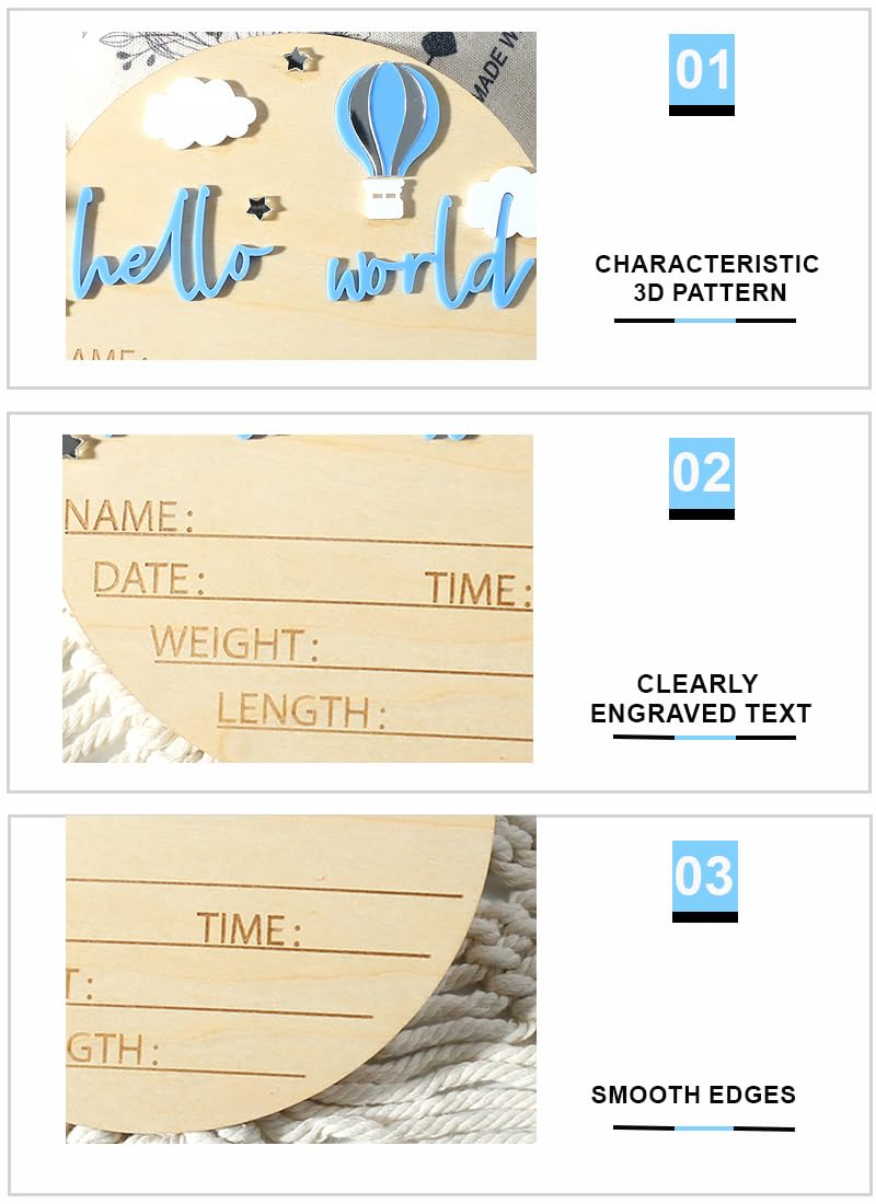 Ylsteed Baby Announcement Sign - Wooden Hello World Newborn Signs for Boy and Girl, Baby Birth and Shower, Hospital Nursery Decor image number 3