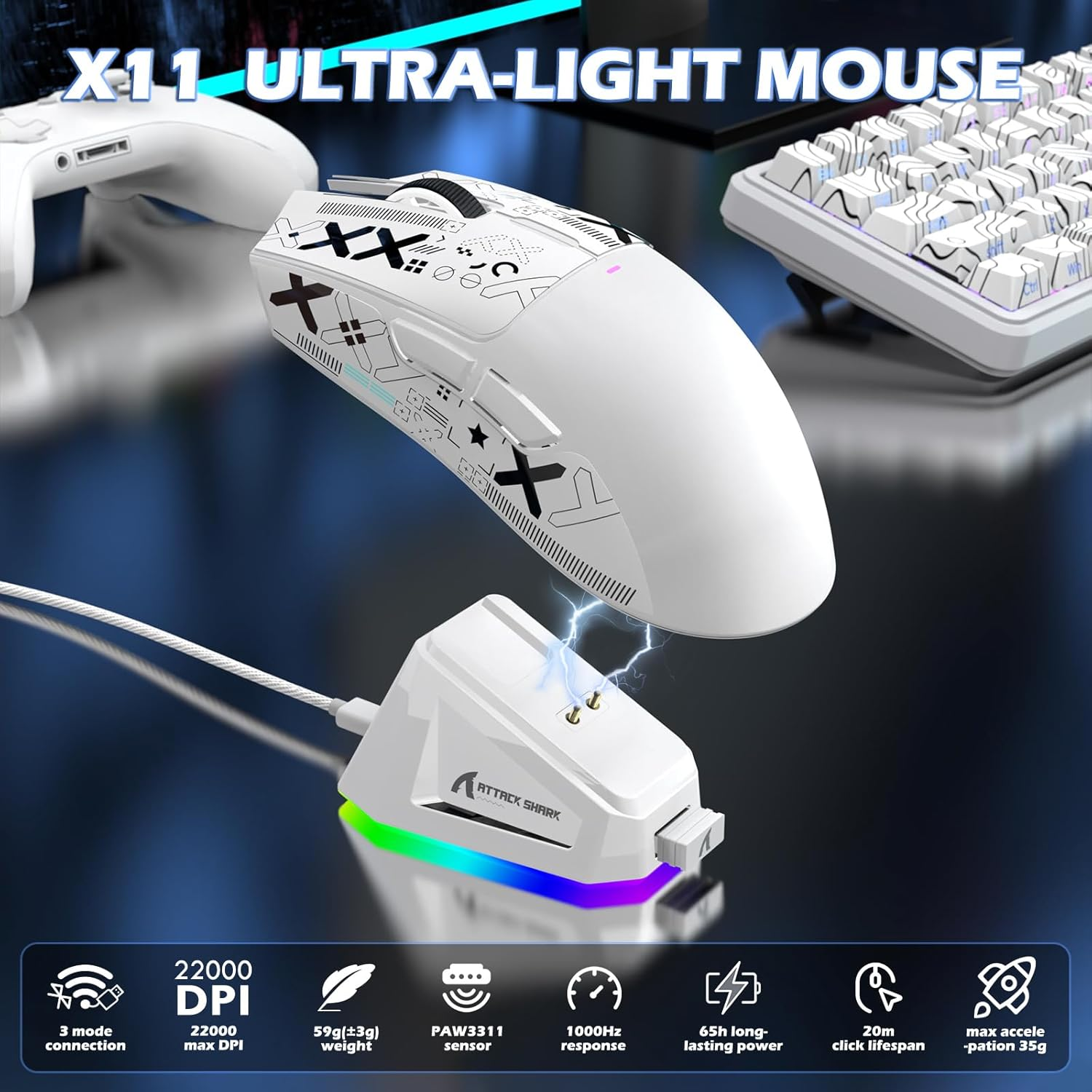 ATTACK SHARK Wireless Mechanical Gaming Keyboard & Mouse Combo, Magnetic Hall Keyboard,8Khz Polling,0.01Mm RT Precision,Adjustable Actuation,Wireless Gaming Mouse with Dock,Paw3311,22K DPI for Games image number 6