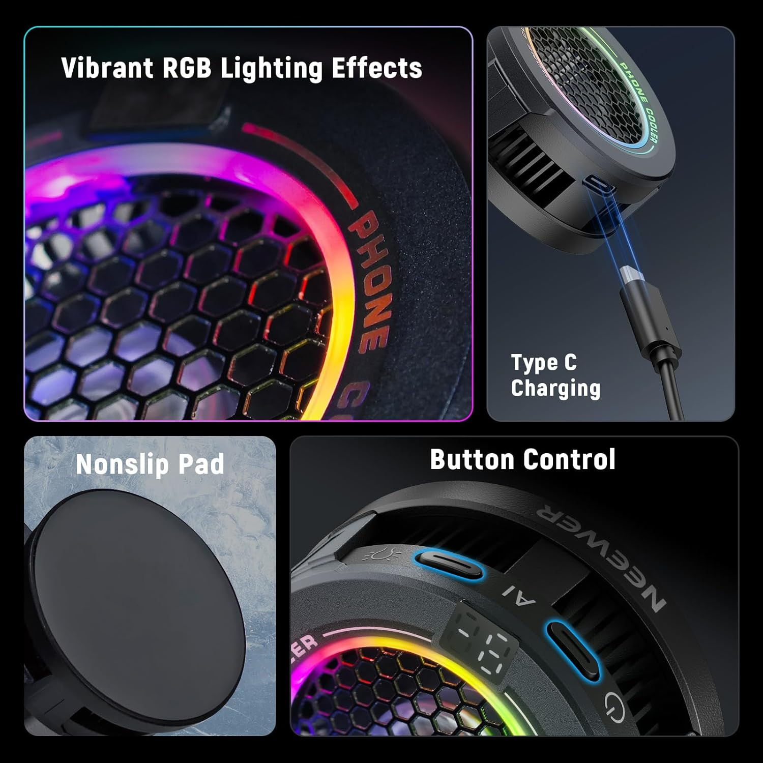 NEEWER Basics Magnetic Phone Cooler, Low Noise USB Cooling Fan with Smart Temp Control, RGB Light, Magnetic Ring & Clip Compatible with Iphone 15 16 Pro Max Magsafe Samsung Ipad for Gaming, PA069 image number 5