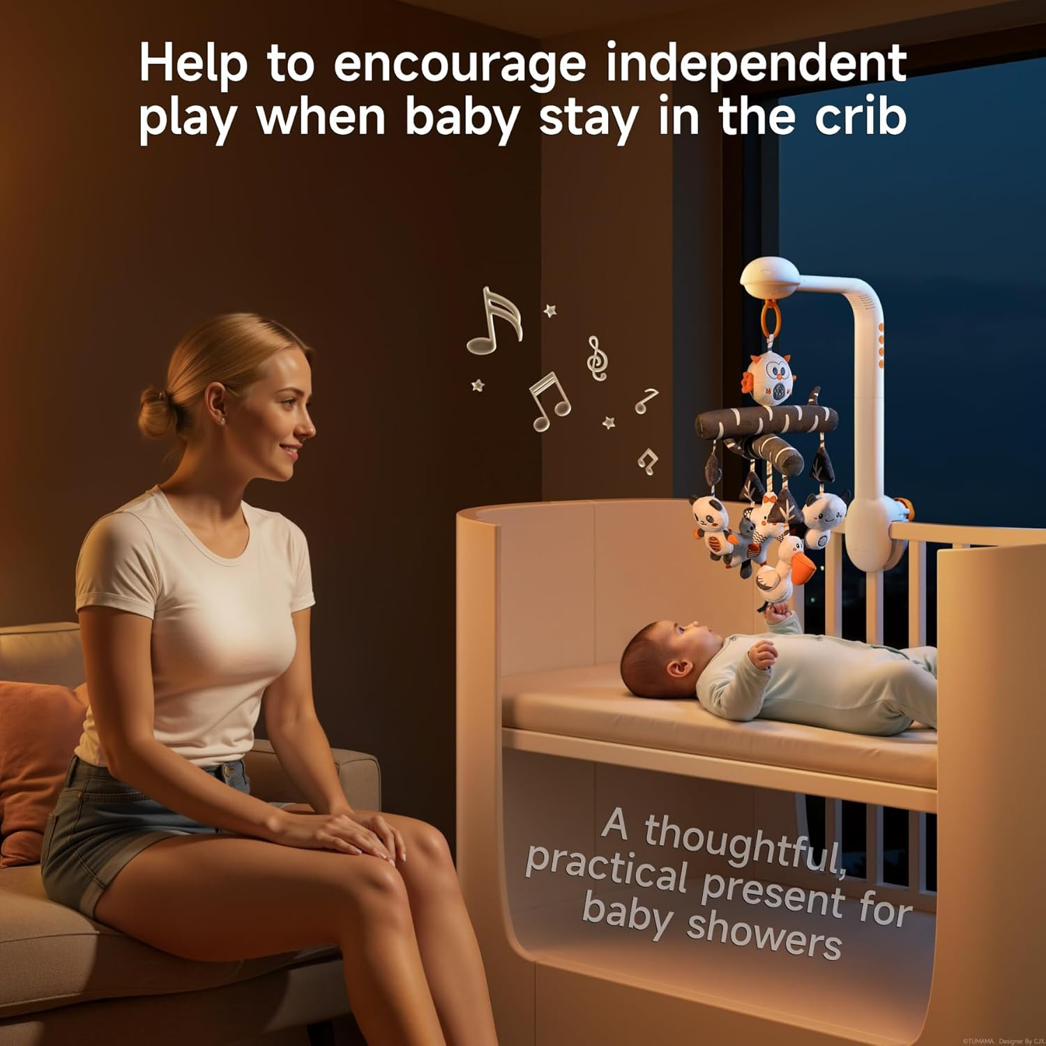 TUMAMA Baby Crib Mobile, High Contrast Toy with Projection Night Light, Music and White Noise,Black and White Soft Plush Animal Hanging Toy for Infant 0 3 6 9 Months Newborn Gift